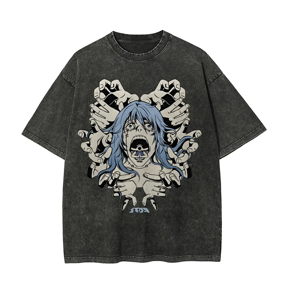 Acid Wash Vintage Graphic T Shirt - Camiseta Masculina Mahito Jujutsu Kaisen com