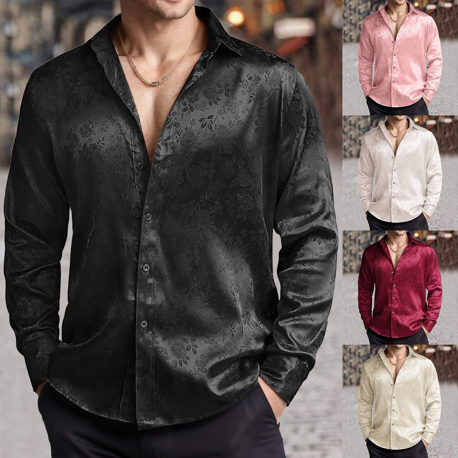 Mens Satin Silk Dress Shirt - Camisa masculina imitação de cetim de