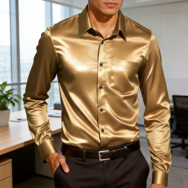 Mens Satin Silk Dress Shirt - Camisa Social Masculina de Seda Gelada