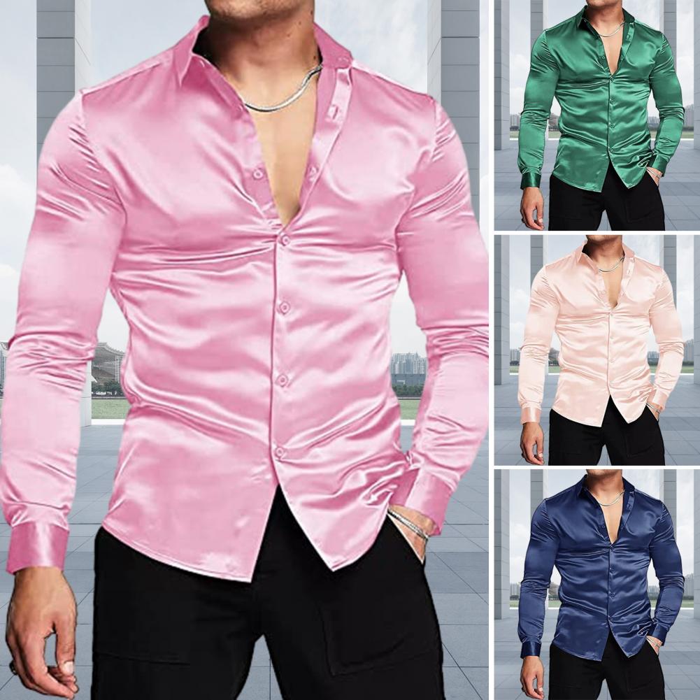 Mens Satin Silk Dress Shirt - Rosa de seda cetim vestido luxo