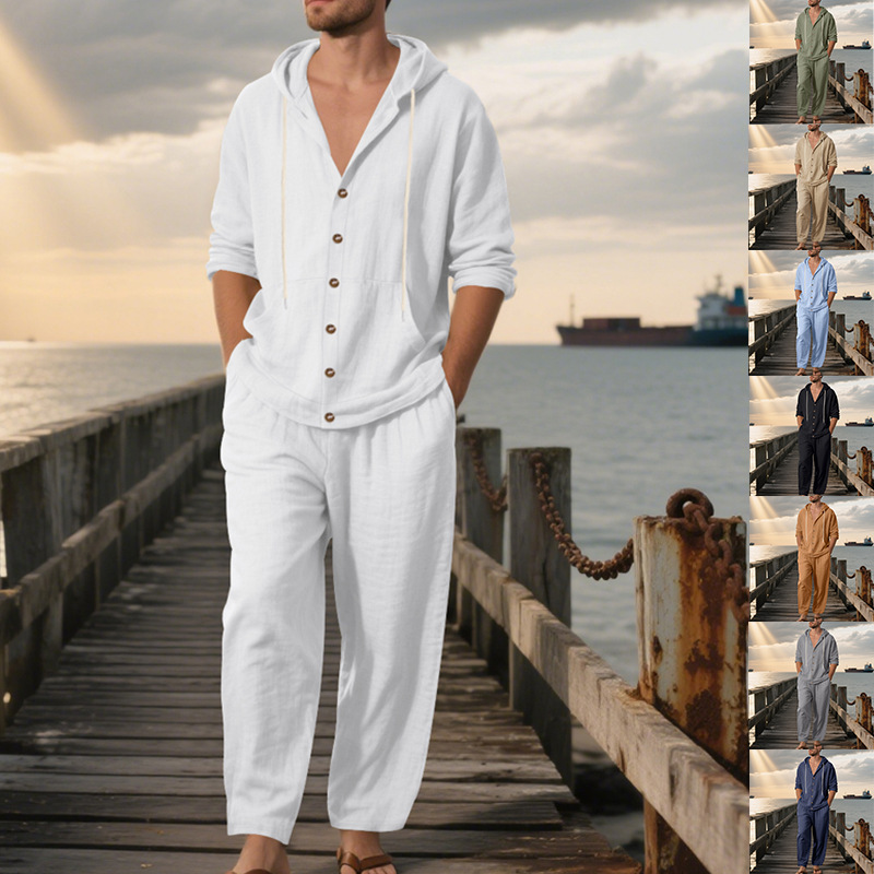 Mens Linen Shirt Long Sleeve - Conjunto Casual Masculino de Verão em