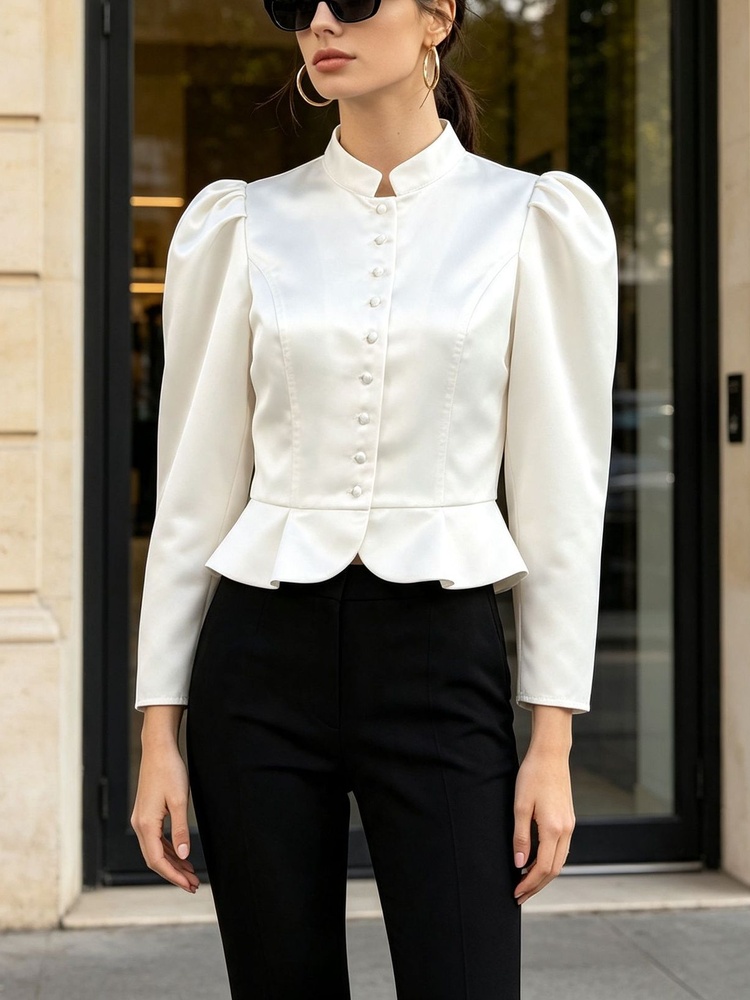 Mandarin Collar Formal Shirt Slim Fit - Blusa Peplum de Manga Longa com