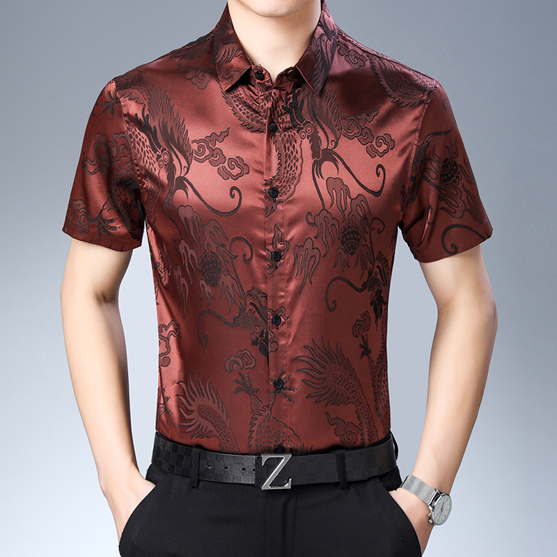 Camisa de seda de manga curta  - Mens Satin Silk Dress Shirt avaliação e preço