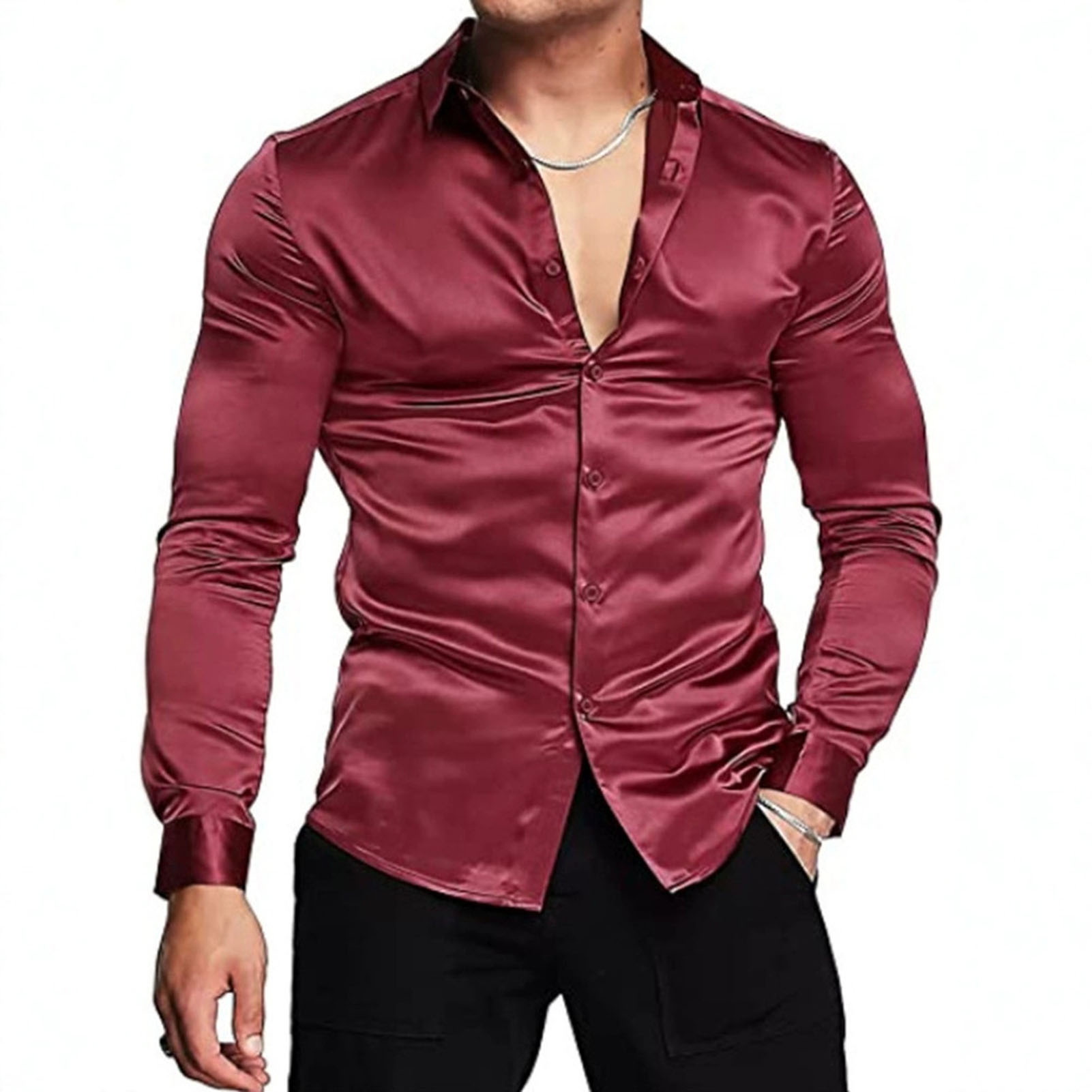 Primavera outono camisas de ce - Mens Satin Silk Dress Shirt avaliação e preço