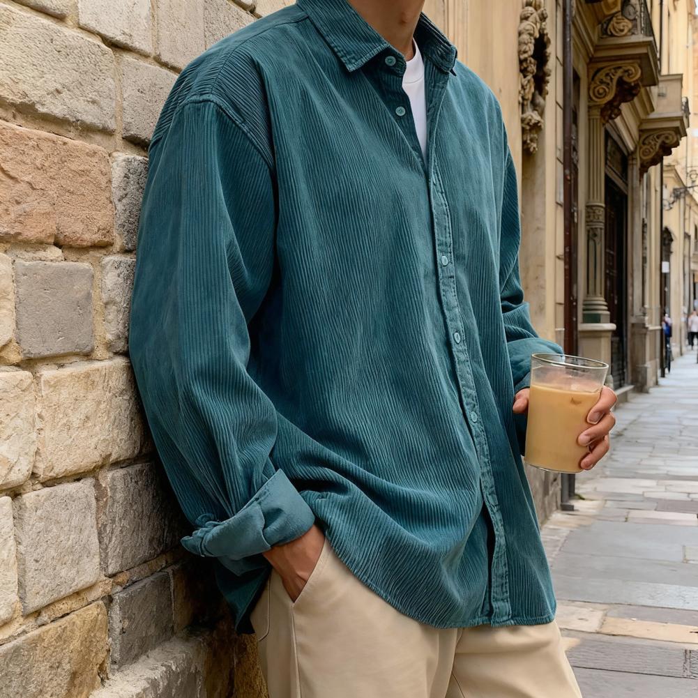 Nova Camisa Masculina de Velud - Corduroy Button Up Shirt Men avaliação e preço