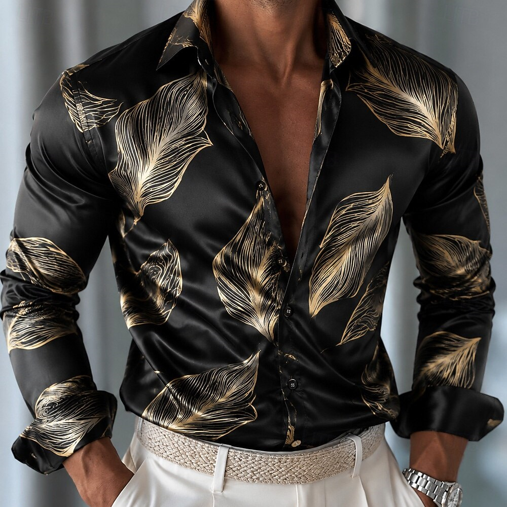 Camisa de Cetim com Estampa de - Mens Satin Silk Dress Shirt avaliação e preço
