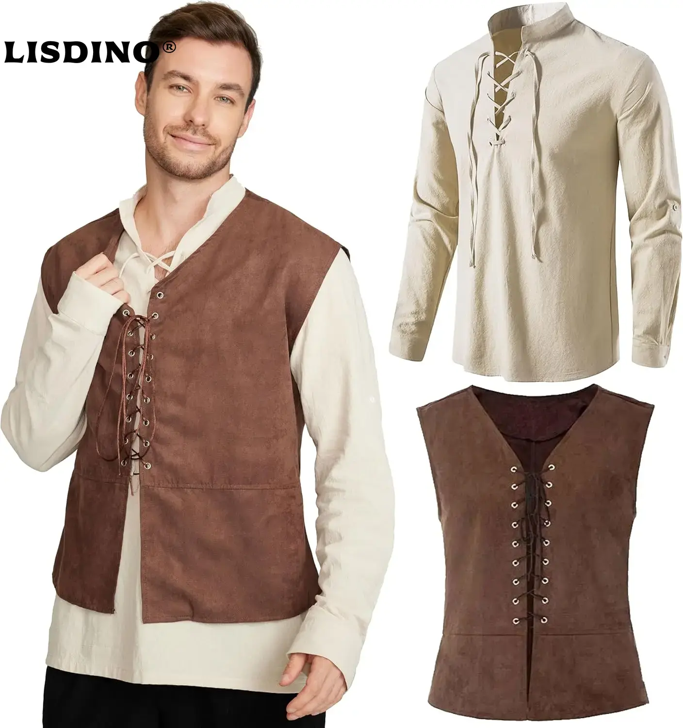 Conjunto de 2 peças colete pir - Medieval Gothic Lace Up Pirate Shirt avaliação e preço