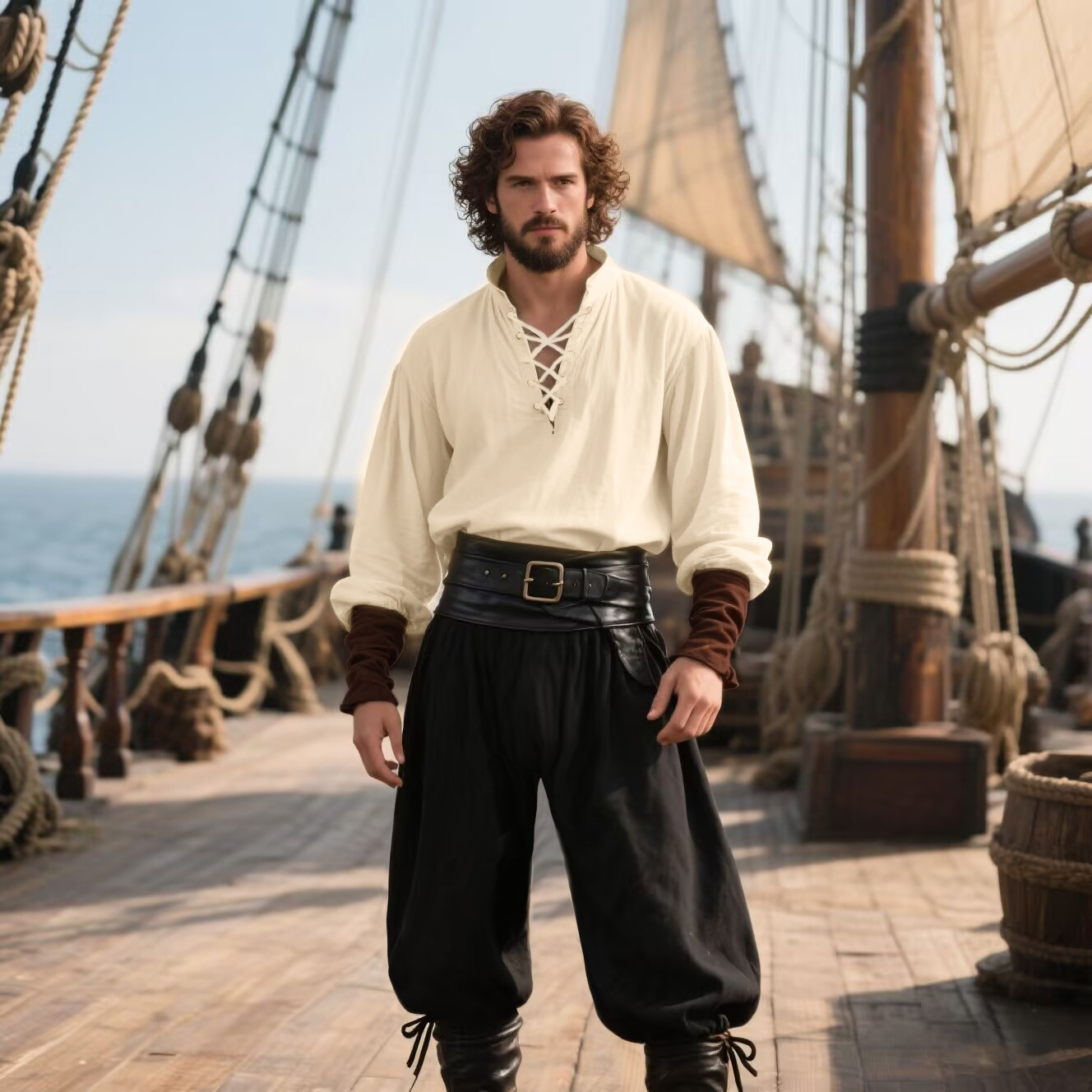 Camisa Medieval Masculina Rena - Medieval Gothic Lace Up Pirate Shirt avaliação e preço