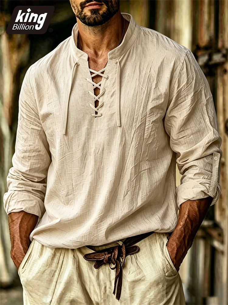 Camiseta Masculina com Decote  - Medieval Gothic Lace Up Pirate Shirt avaliação e preço