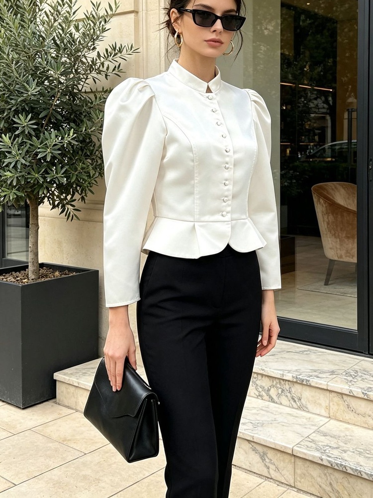 Blusa Peplum de Manga Longa co - Mandarin Collar Formal Shirt Slim Fit avaliação e preço
