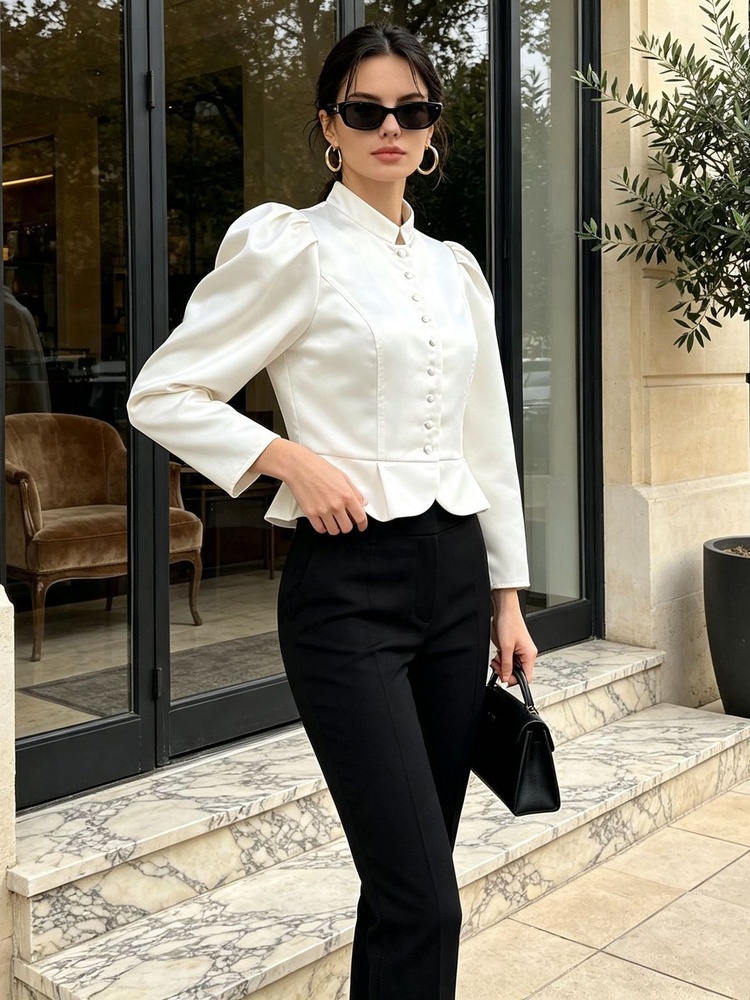 Blusa Peplum de Manga Longa co - Mandarin Collar Formal Shirt Slim Fit avaliação e preço