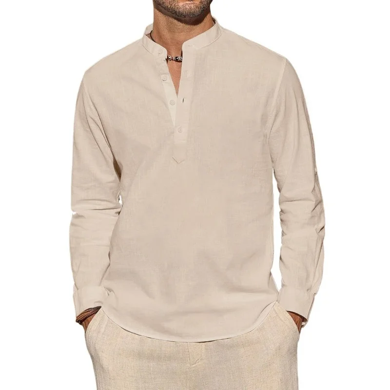 Camisetas masculinas de manga  - Mens Linen Shirt Long Sleeve avaliação e preço