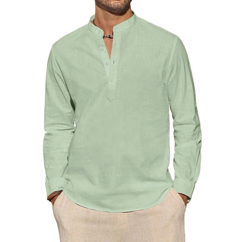 Camisetas masculinas de manga  - Mens Linen Shirt Long Sleeve avaliação e preço
